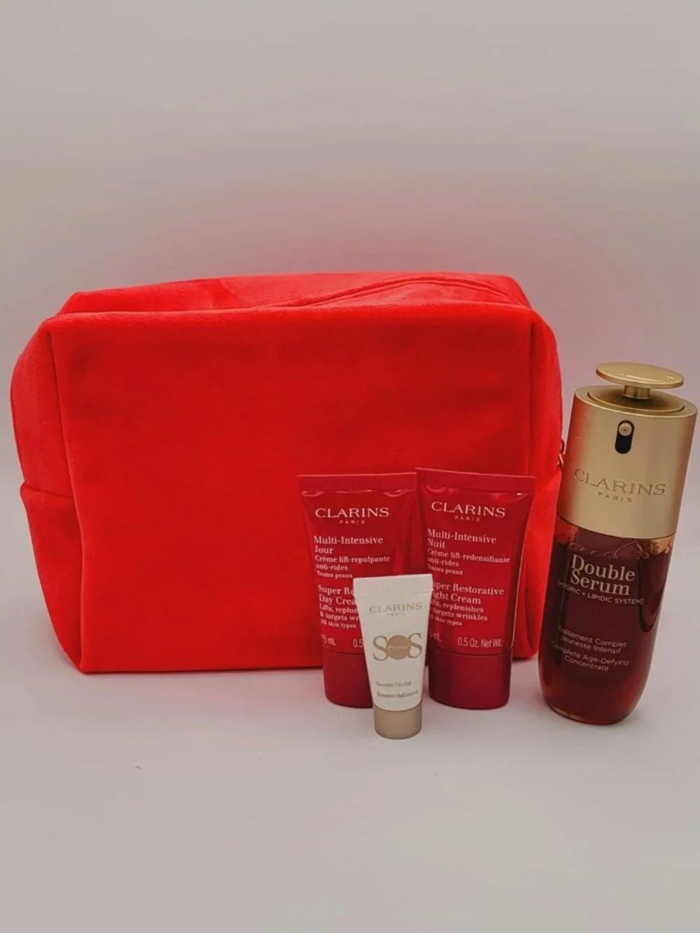 Clarins Double Serum 50mL/1.7oz Gift Set + Day & Night Creams + Red Pouch